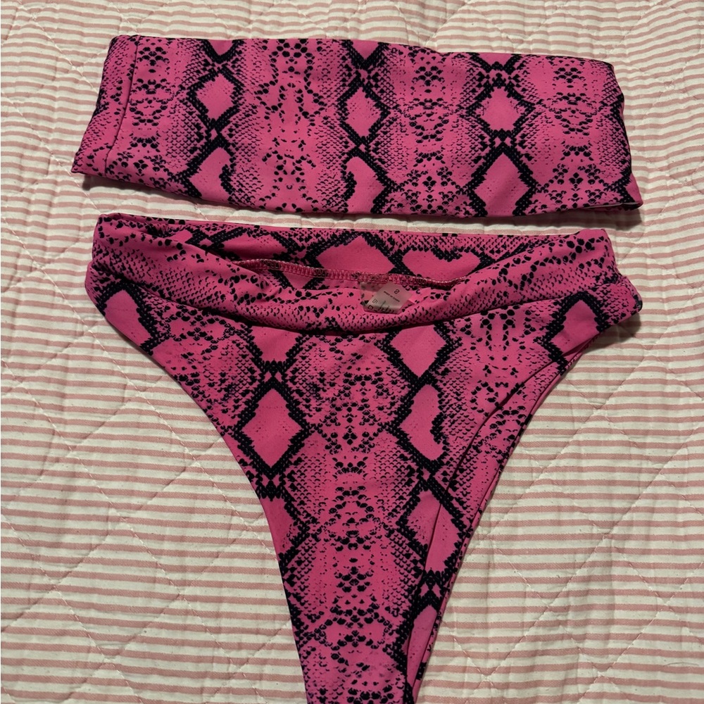 Hot Pink Snakeskin Print Bikini Set - Bandeau Top & High Cut Bottoms